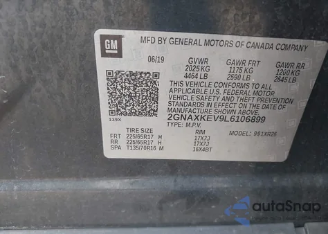 2020 Chevrolet Equinox Fwd Lt 1.5L Turbo из США, поврежденный, VIN 2GNAXKEV9L6106899